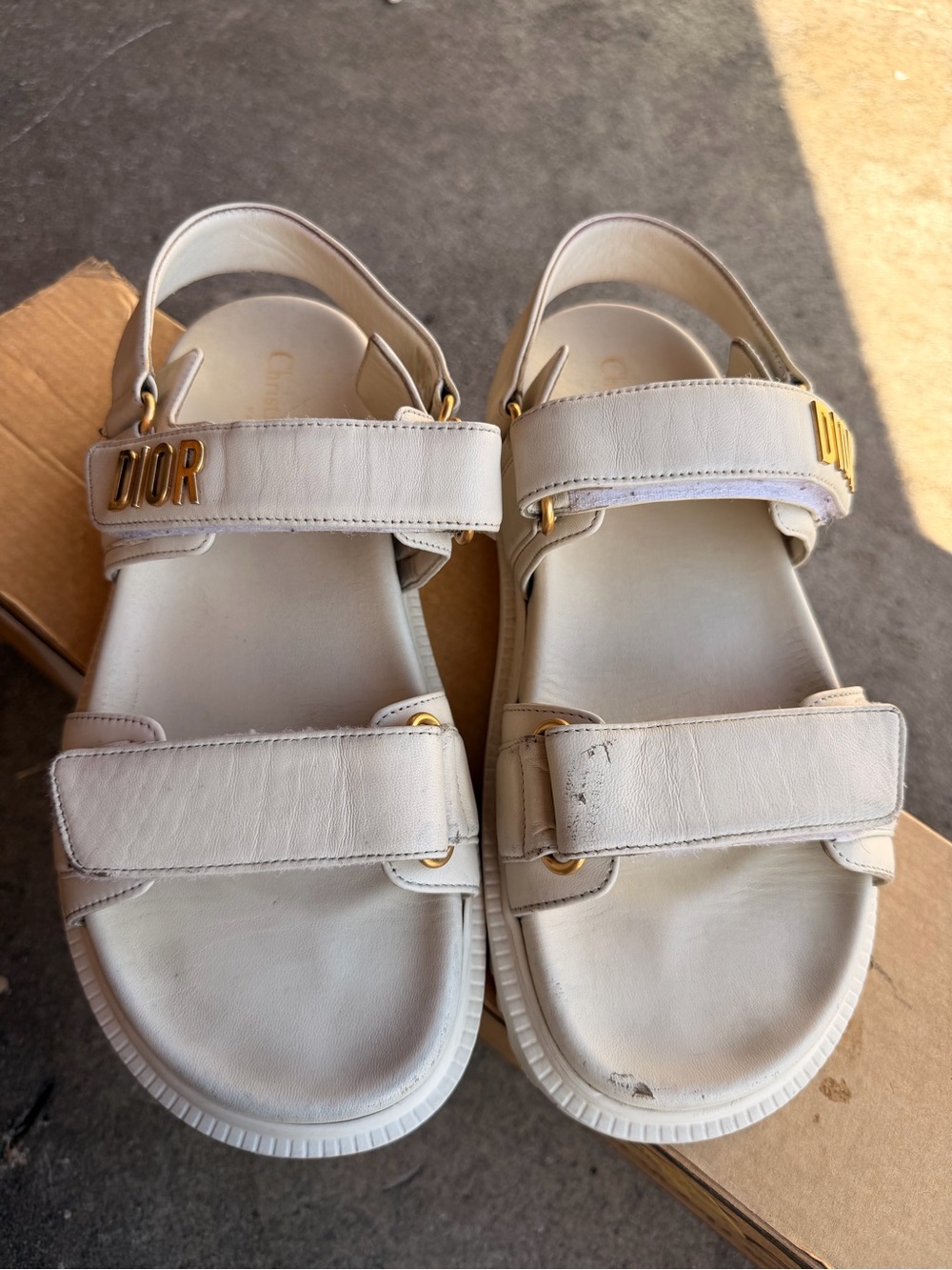 Dior Cream Leather Velcro Sandals with Gold Logo